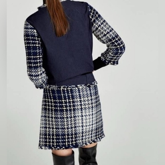 Zara Navy Gray White Tweed Fringe Mini Skirt - Picture 2 of 5